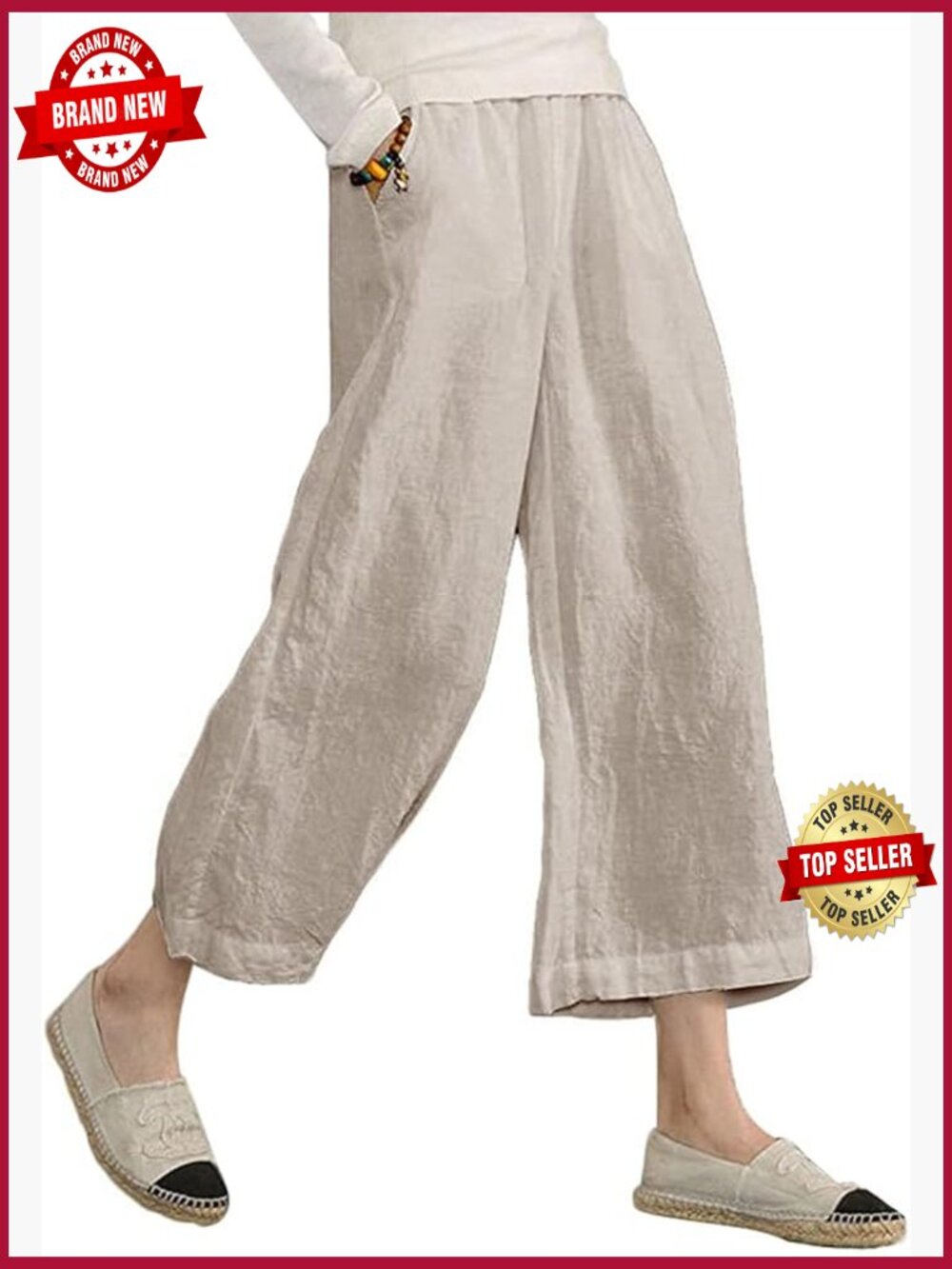 Linen Cropped Pants Elastic Waist Wide Leg Capri Cotton Plus Size